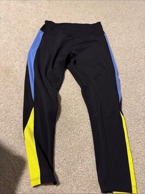 Peloton Black Leggings with Blue and Yellow Panels